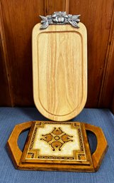 Wooden & Pewter(?) Serving Board & Vintage Wooden Tile Handled Trivet