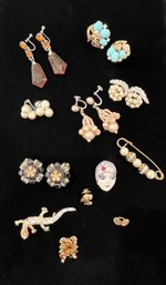 Vintage Clip On Earrings & Pins, Including Miriam Haskel, Trifari