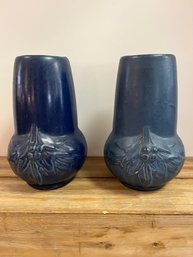 Two Vintage McCoy Navy Blue Pottery Vases