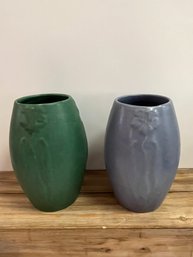 Two Zanesville Stoneware Pottery Vases With Flower