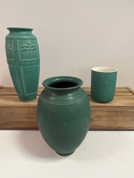 Three Green Asian Pottery Vase Signed By Same Artist