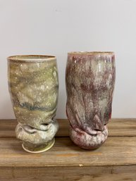 Two Glazed Twisted Pottery Vases By Clark House Pottery LLC