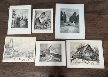 6 Pieces: Krommer: Cottage, Church, Nude In Pond And More