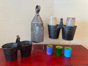 Tin Candle Holder Lantern, 2 Planters, Battery Operated Candles Amd More