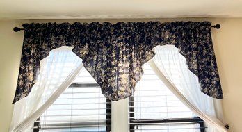 Navy & White Floral Valence With Sheers