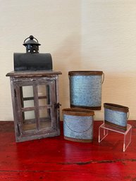 Wood And Metal Candle Holder Lantern And 3 Tin Wall Decor