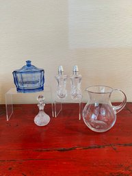Blue Cut Glass Lidded Dish, Etched Pitcher, Salt/pepper Shakers, Small Oil Bottle