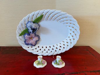 Briggs Pottery Made In Portugal, And 2 Staffordshire Porcelain Flower Candle Holders