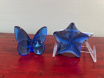 Baccarat Cobalt Blue Butterfly And Cobalt Blue Starfish Paperweight