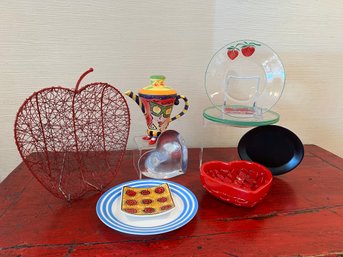 Fun Lot! Apple Wire Basket, Strawberry Glass Plates Heart Ceramic Trinket Tray, Silver Plate Heart & More