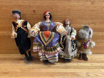 2- Greek Soviner Dolls, 1- Material Made Eskimo And Walnut Head Man