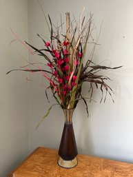 Metal Brown Vase With Faux Flowers
