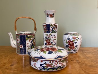 Imari Japanese Tea Pot, Vase, Trinket Box, And Urn