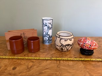 2-asian Ceramic Cups With Box, Toyo Vase, Vintage Lenox Vase With Silver Inlay, And Hand-painted Egg