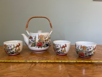Porcelain Peacock Cups And Tea Pot