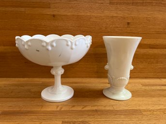 Milk Glass Pedestal Bowl And Vase
