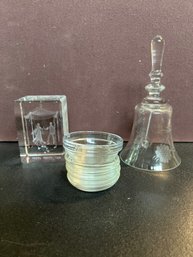 Crystal Etched Glass Bell, Laser Etched Glass, And Condiment Glass Set