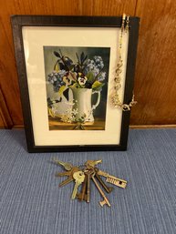 Signed Albright Print, Sarah Cov Gold Tone Necklace And Old Keys.