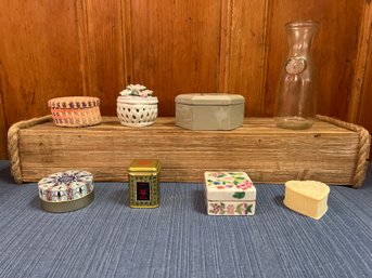 Lot Little Trinket Boxes: Basket, Plastic, Porcelain, Glass And Tim