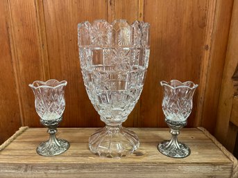 Crystal Pedestal Vase With Daisies And 2 Godinger Silver Art Co Candle Holders