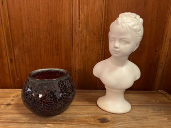Ceramic Bust And Red Candle Holder