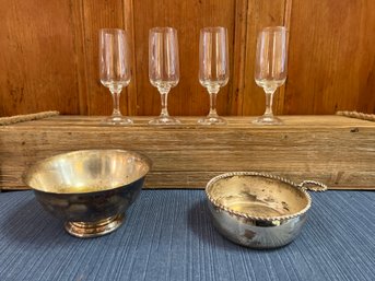 4 Sherry Glassware, Wine Bottle Coaster And Silver Plate Master Schools Bowl