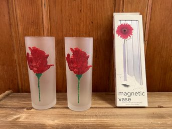 Set Of 5 Magnetic Vases And 2- Frosted Glassware With Poppies