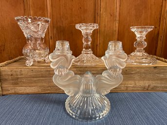 Vintage Bohemia Glass Double Armed Candelabra, 2- Glass Candle Holders And Crystal Footed Vase