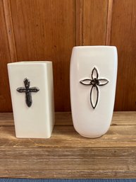 2 Off White Vases With Crosses