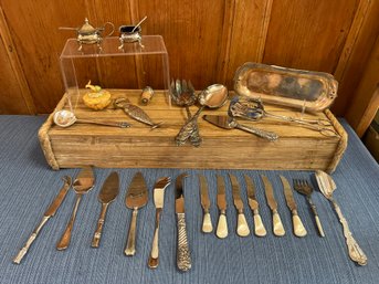 Cheese Knives, Cake Cutters, Mike And Billy Trinket Box, Salt Cellars, Pearl Handling And Sterling Knivea