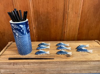 12-Chopsticks, 6 Blue And White Ceramic Chopstick Holders And Blue And White Fish Vase