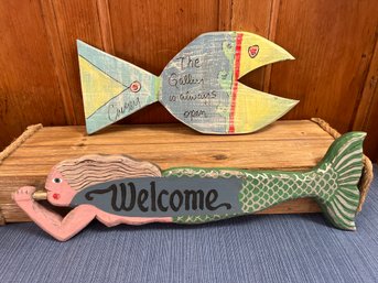 Mermaid Welcome Wood Sign And The Gallery Is Always Open Wood Fish Sign.
