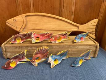 8 Hand Painted Fish Napkin Holders And Fish Wood Tray