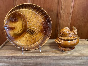 Barbotine, Ateliers Du Revernay, Made In France, Vintage Plate And Oscar The Fish Lidded Bowl