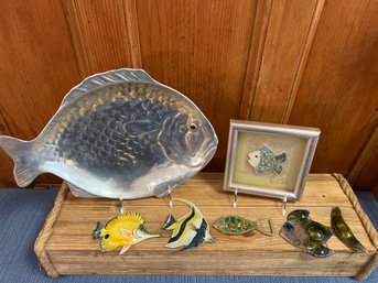 Helen Lynch BA Hons Ceramic Fish Art, Arthur Court Fish Platter, 2- Fish Magnetics, Bottle Opener & Glass Fish