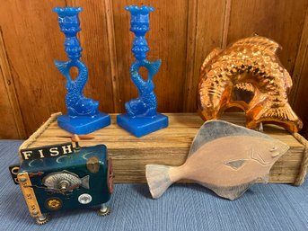 Handmade Fish Clock, Copper Fish Mold, Herling 87 Wall Hanging And 2 MMA Blue Opalene Koi Fish Candle Holder