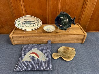 Liven Oceane France Fish Oval Trinket Tray, 2- Studio Art Fish Decor And Asian Fish Blue And White Finger Bowl
