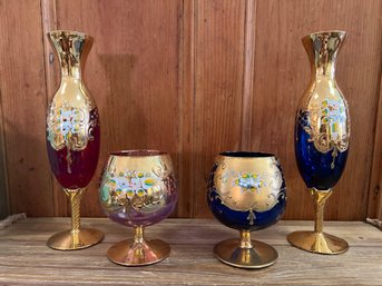 Venetian Bohemian Glass: 2 Vases, And 2 Goblets
