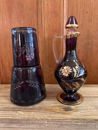 Hand Made AVITRA Ruby Red Crystal Decanter And Vintage Czech Bohemian Clear Ruby Floral Faceted Glass Carafe