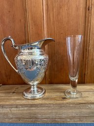 Clear Glass Bud Vase And Hand Chased Anston Fine Ailver Plate Pitcher