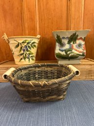 Porcelian Handle Basket, Maxcera Handle Ceramic Planter, And Flower Square Ceramic Vase
