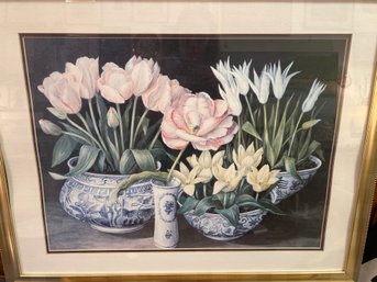 Pink Tulips In Blue And White Vase Print