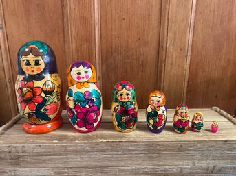 Hand Painted And Carved Nesting Matryoshka Russian Dolls (Middle One Has A Crack)
