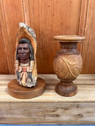 Neil J. Rose 1990 Native American Sculpture Roar Of Thunder #2276 Of 2,500 & Hand Carved Olive Wood Vase