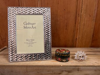 Swarovski Crystal Porcupine, Russian Wood Trinket Box And 5x7 Godinger Frame