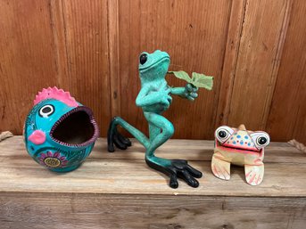 Romeo Kitty Critters Frog, Wood Painted Blow Mouth Fish And Painted Frog Scraper Percussion Instrument