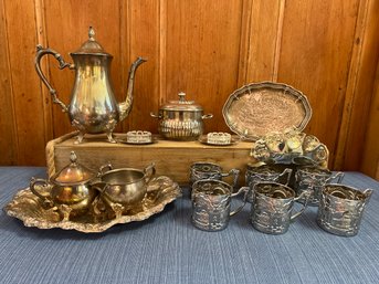 Handmade Vintage Tea Cup Holders Made In Israel Early 1950s, Silver Plate: Tea Pot, Sugar, Creamer And More