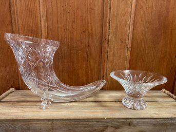 Waterford Pedestal Teinket Bowl And Crystal Horn Of Plenty Cornucopia Flower Vase Glass