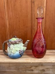 Takahash San Francisco Grapevine Porcelain Tea Pot & Cranberry Cut Glass Grapevine Decanter