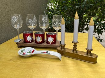 Holiday Lot: 4 Wine Glassware, Candle Holder, Battery Operated Candles And Spoon Rest